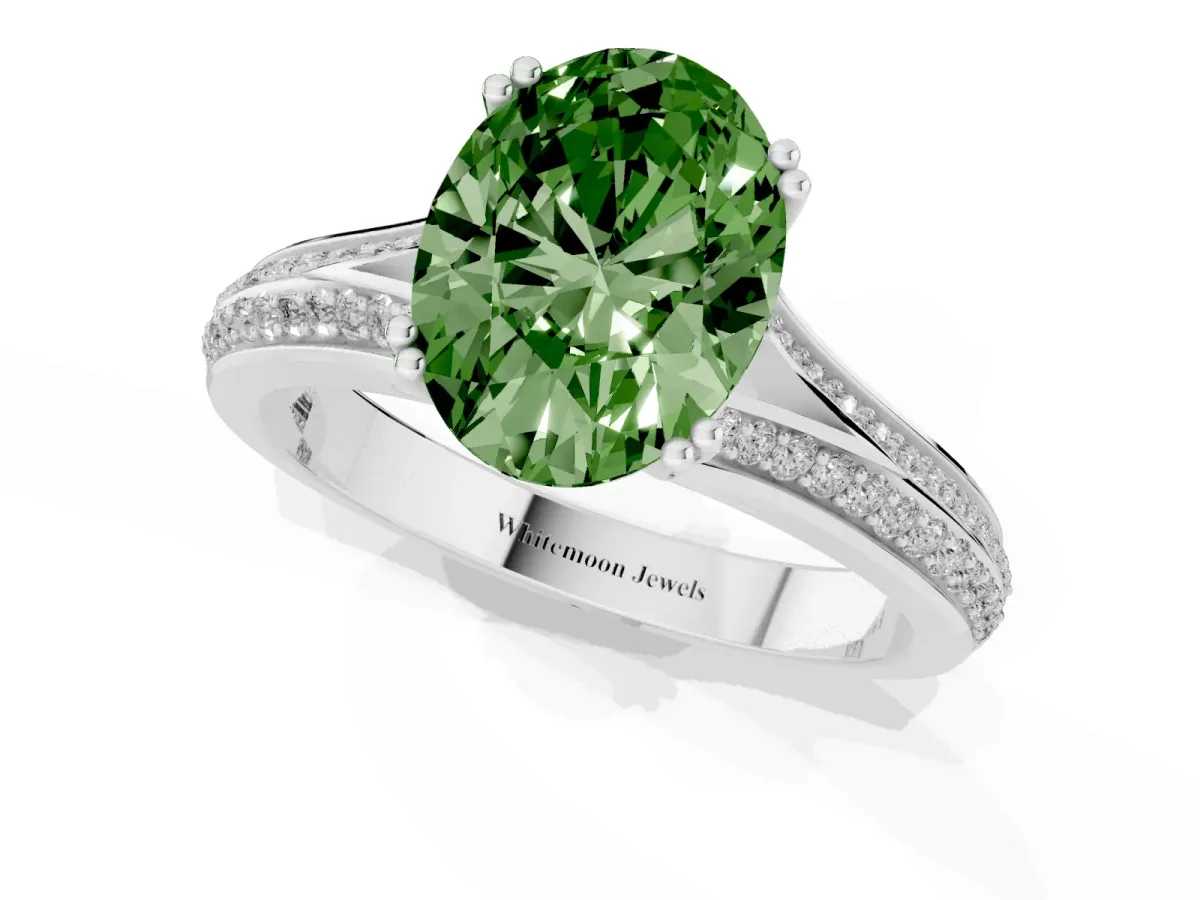 Fancy Green Oval Cut Diamond Split Shank Engagement Ring with Pavé Band Silver