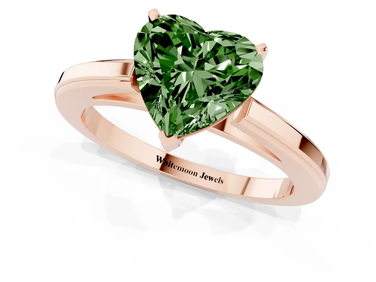 Fancy Green Heart Cut Solitaire Diamond Ring with Four-Prong Setting and Classic Band Rose gold
