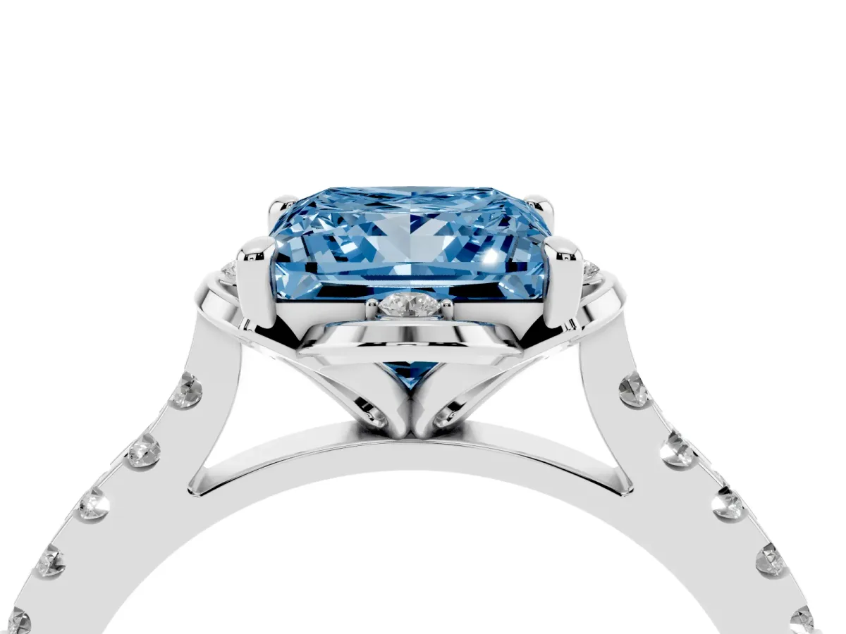 Fancy Blue Princess Cut Diamond Ring with Pavé Band and Floral Prong Setting Silver