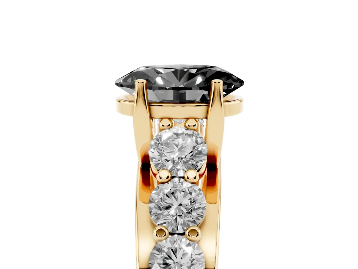 Fancy Black Oval Cut Diamond Engagement Ring with Pavé Band and Four-Prong Setting Yellow gold