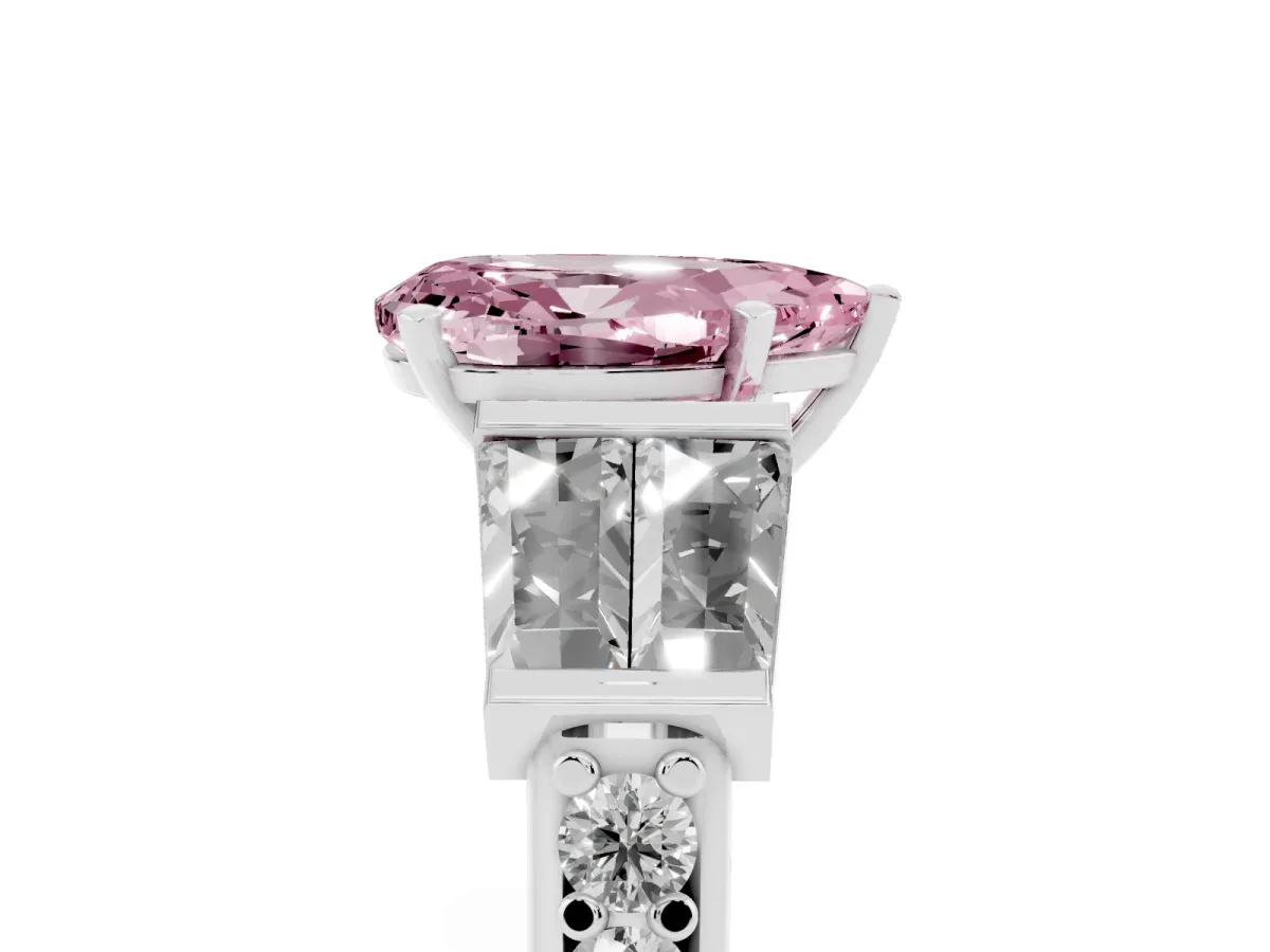 Fancy Pink Pear Cut Diamond Engagement Ring with Baguette Side Stones and Channel Set Band Platinum