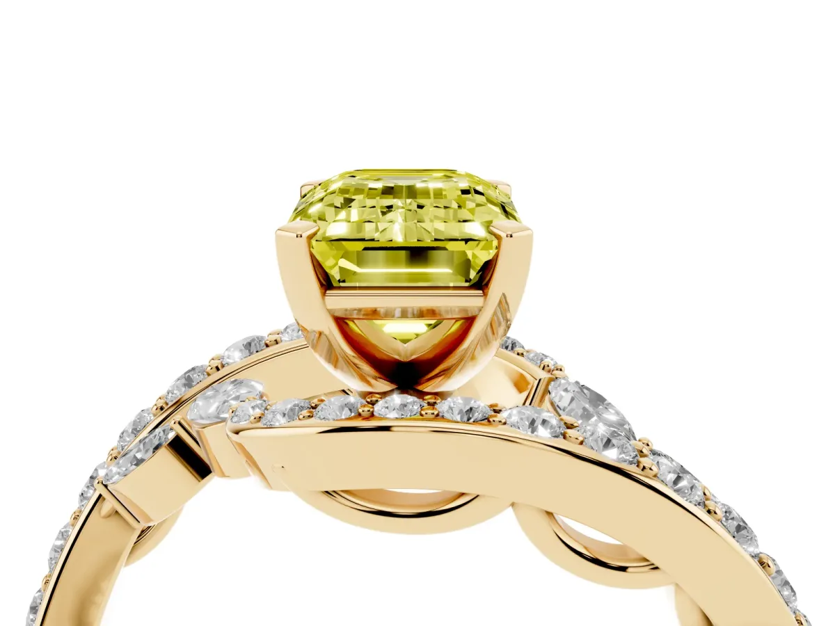 Fancy Yellow Emerald Cut Solitaire with Pavé Twist Band and Four-Prong Setting Yellow gold