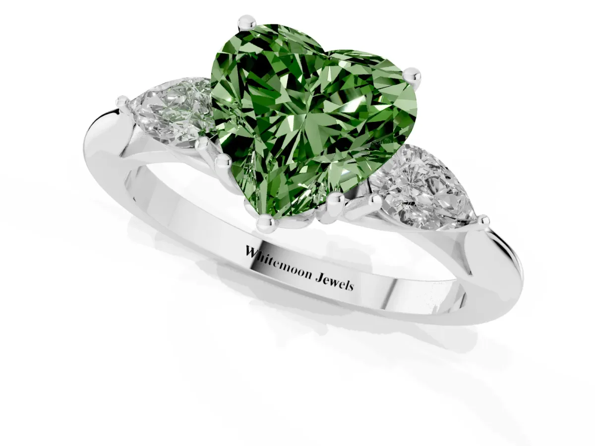 Fancy Green Heart Cut Diamond Three-Stone Ring with Pear Side Stones and Prong Setting Platinum