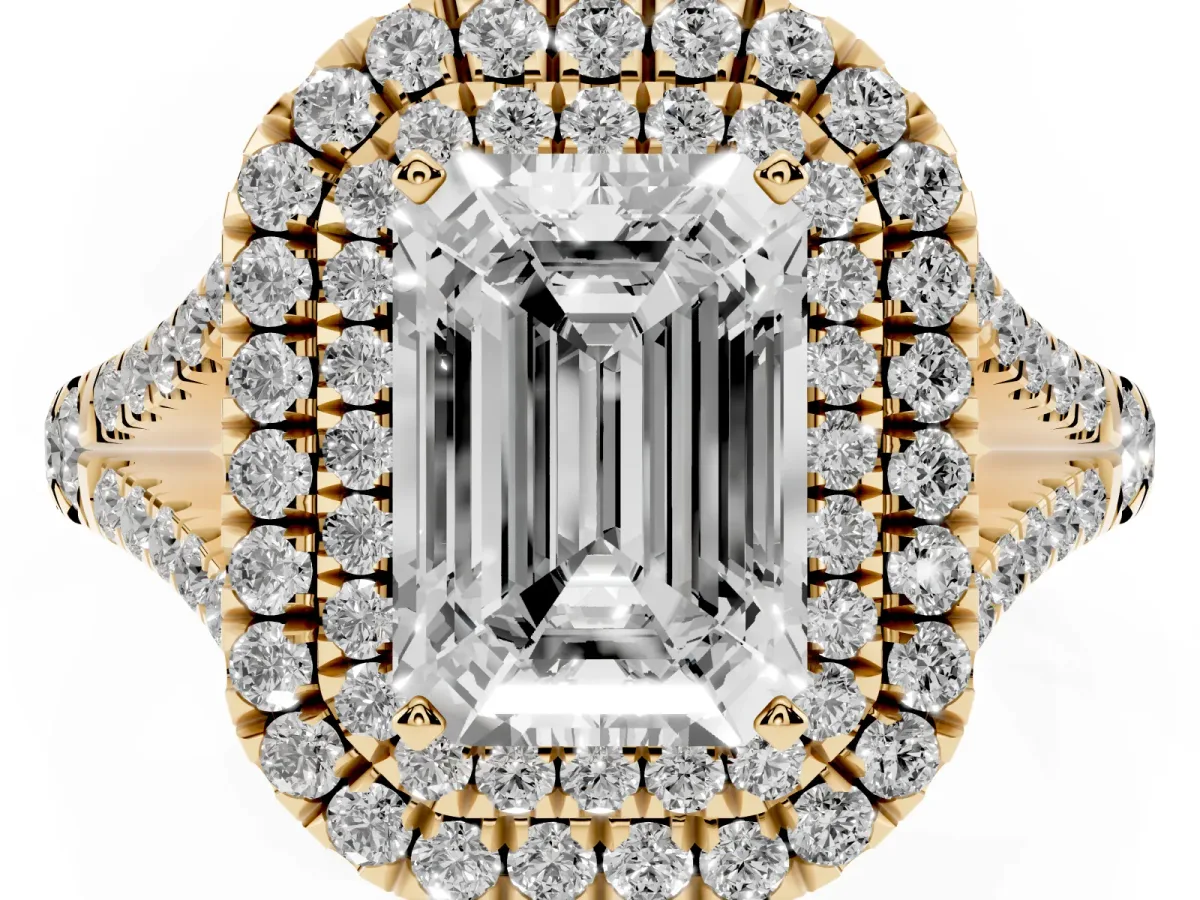 Emerald Cut Diamond Pavé Split Shank Double Halo Engagement Ring Yellow gold