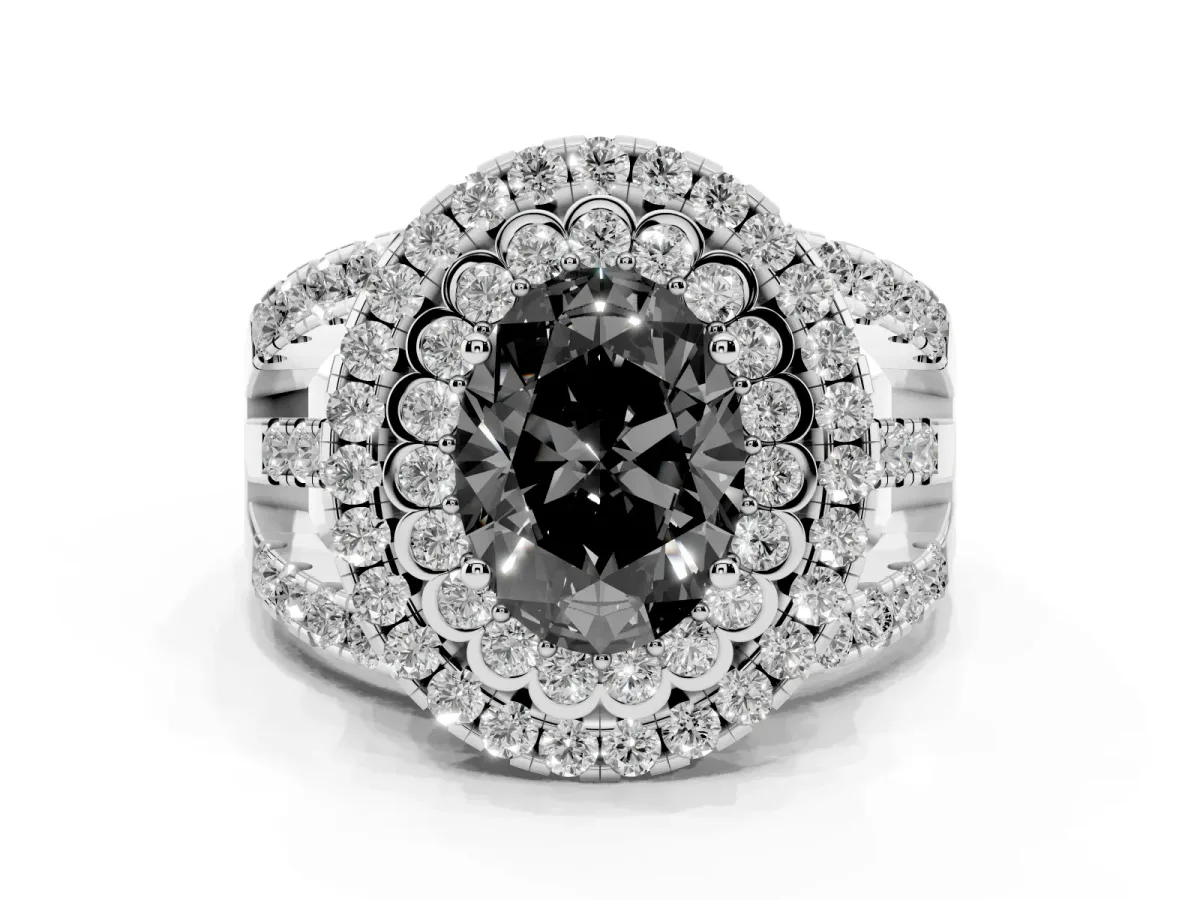 Fancy Black Oval Cut Diamond Double Halo Ring with Round Pavé Split Shank and Prong Setting Silver