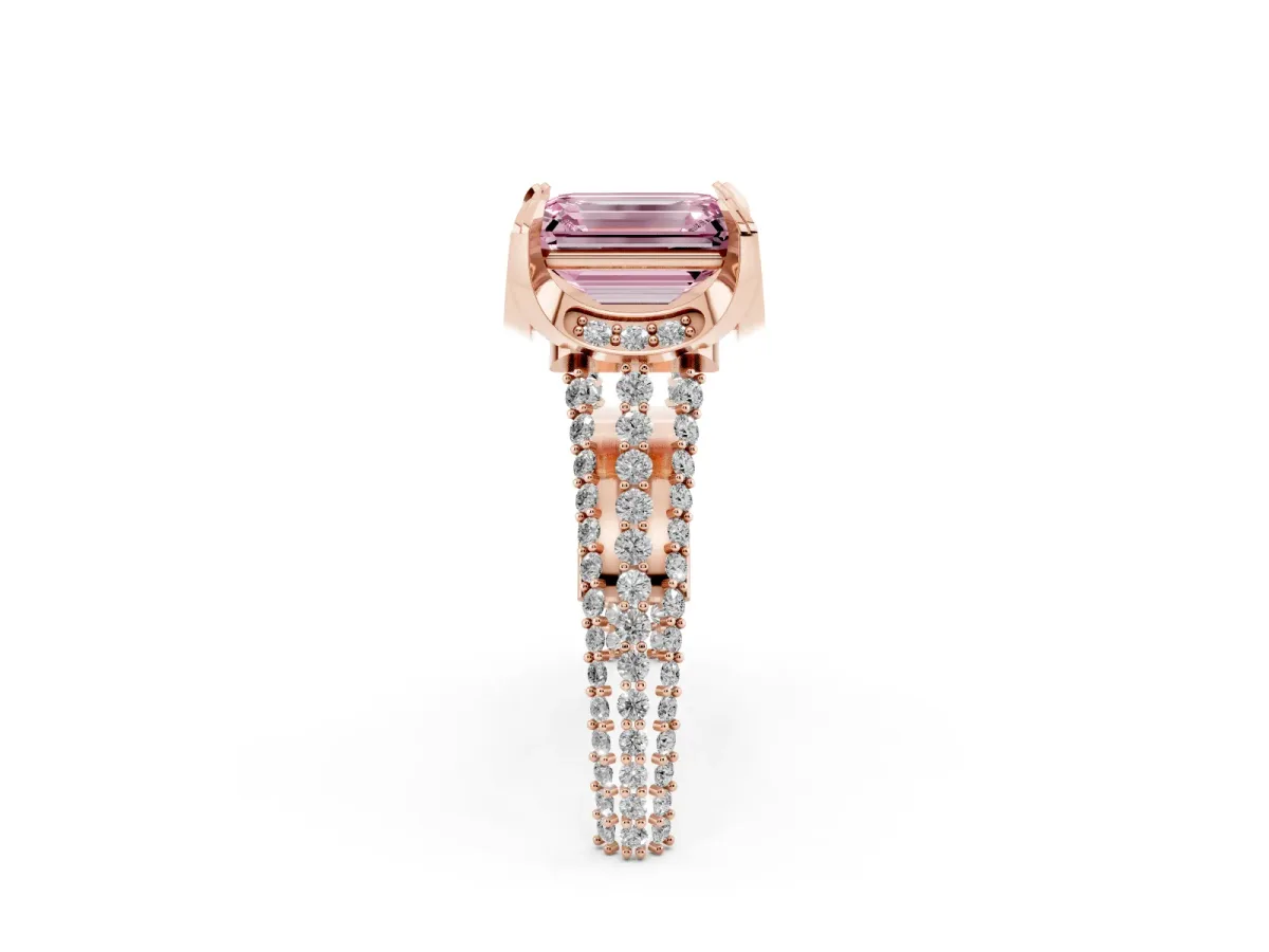 Fancy Pink Emerald Cut Solitaire Pave Split Shank Ring with Four-Prong Setting Rose gold