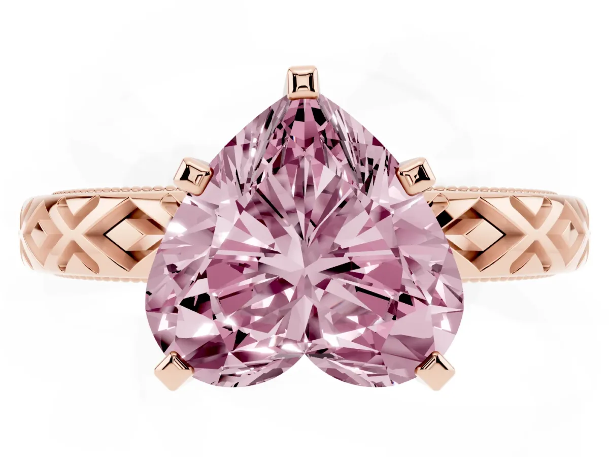 Fancy Pink Heart Cut Solitaire Diamond Ring with Milgrain and Black Enamel X Pattern Band Rose gold