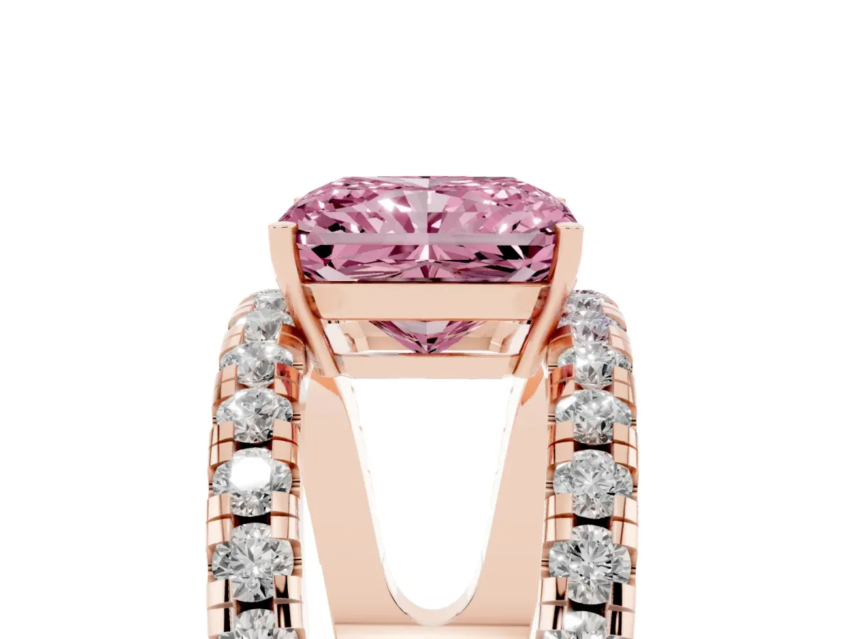 Fancy Pink Radiant Cut Solitaire Split Shank Pave Diamond Ring Rose gold