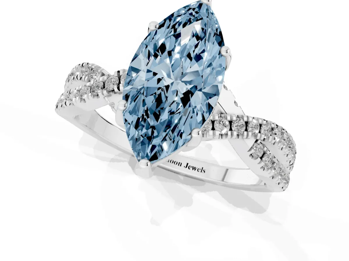 Fancy Blue Marquise Cut Solitaire Twist Pave Diamond Engagement Ring with Prong Setting Silver