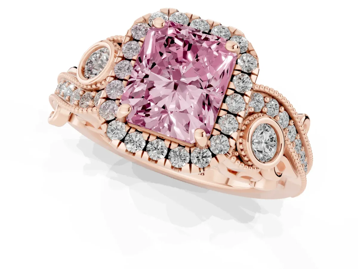 Fancy Pink Radiant Cut Halo Diamond Ring with Milgrain and Bezel Accents on a Split Shank Band Rose gold