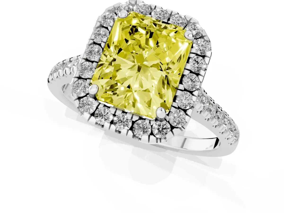 Fancy Yellow Radiant Cut Diamond Cushion Halo Ring with Pavé Band Silver