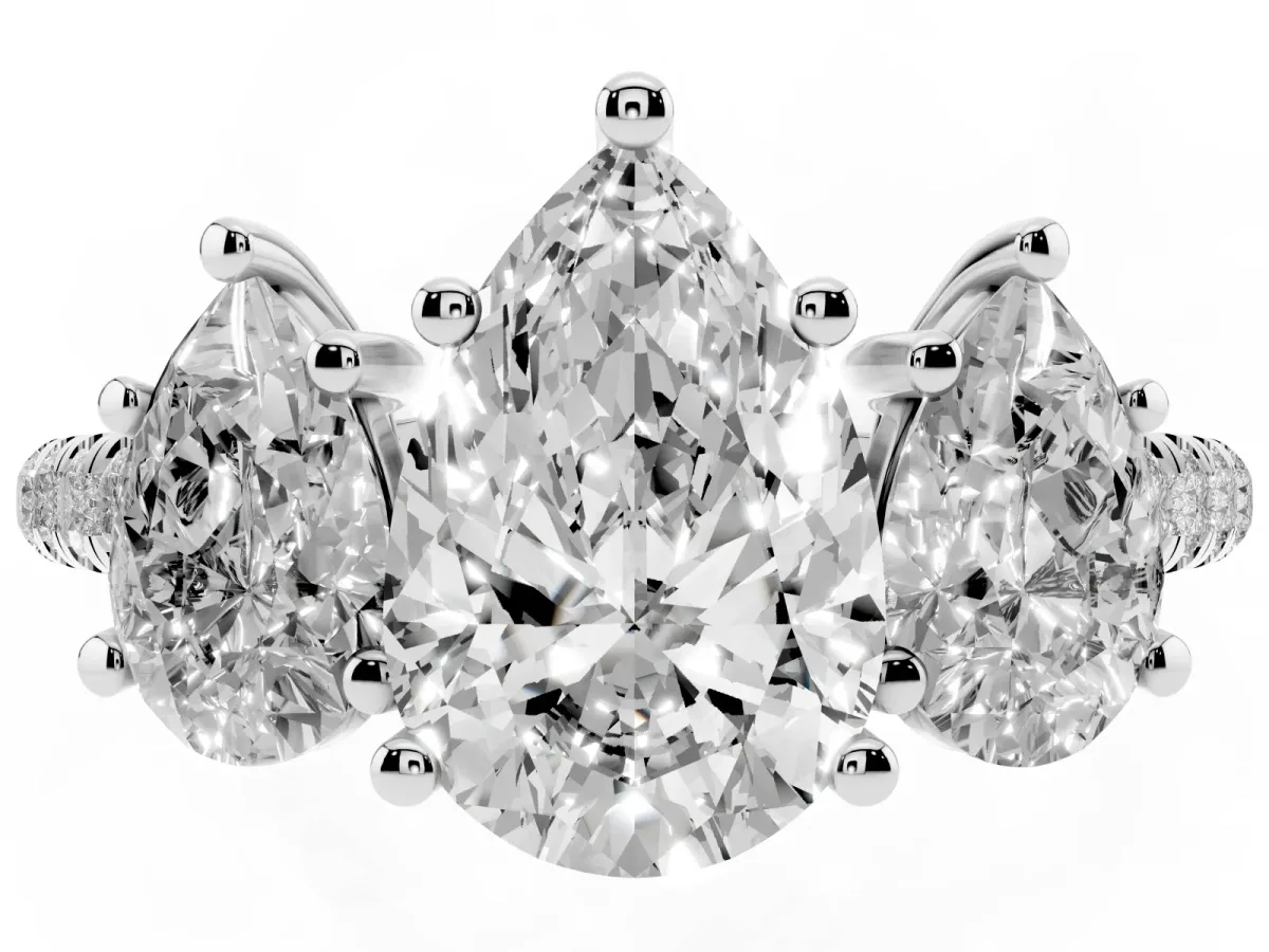 Three-Stone Pear Cut Diamond Ring with Round Pavé Band and Prong Setting Silver