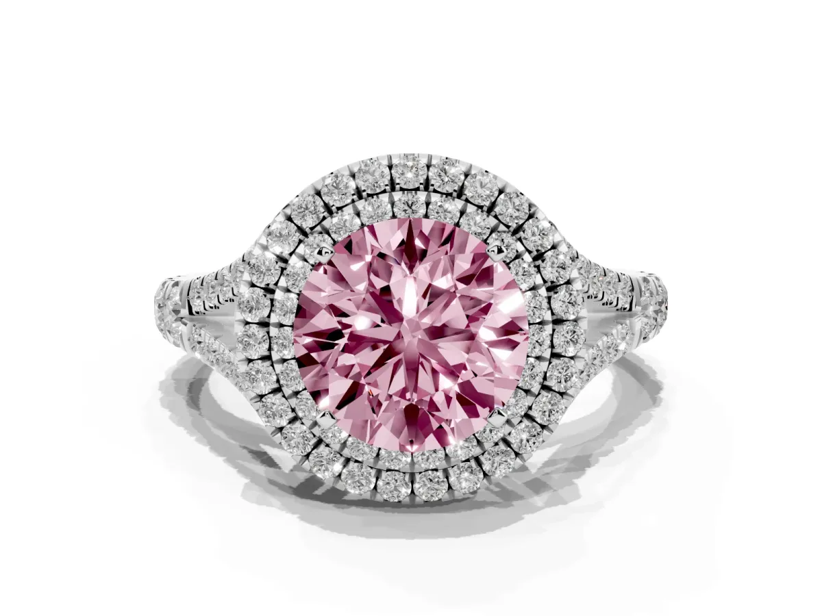 Fancy Pink Round Cut Cut Double Halo Split Shank Diamond Ring with Prong Setting Silver