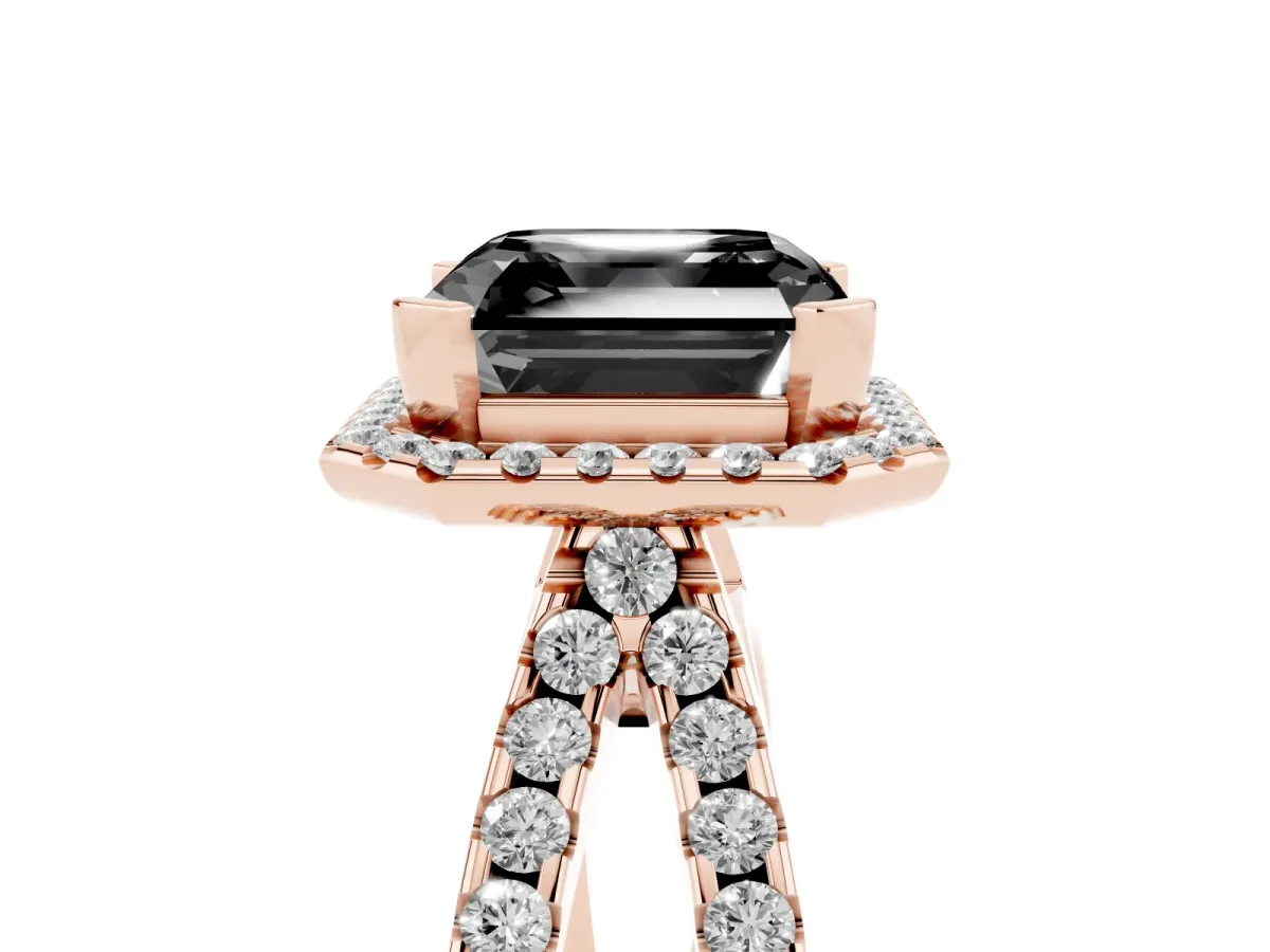 Fancy Black Asscher Cut Diamond Halo Ring with Split Shank Pavé Band and Prong Setting Rose gold