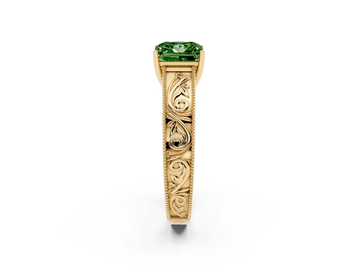 Fancy Green Princess Cut Diamond Solitaire Ring with Engraved Band and Four-Prong Setting Yellow gold