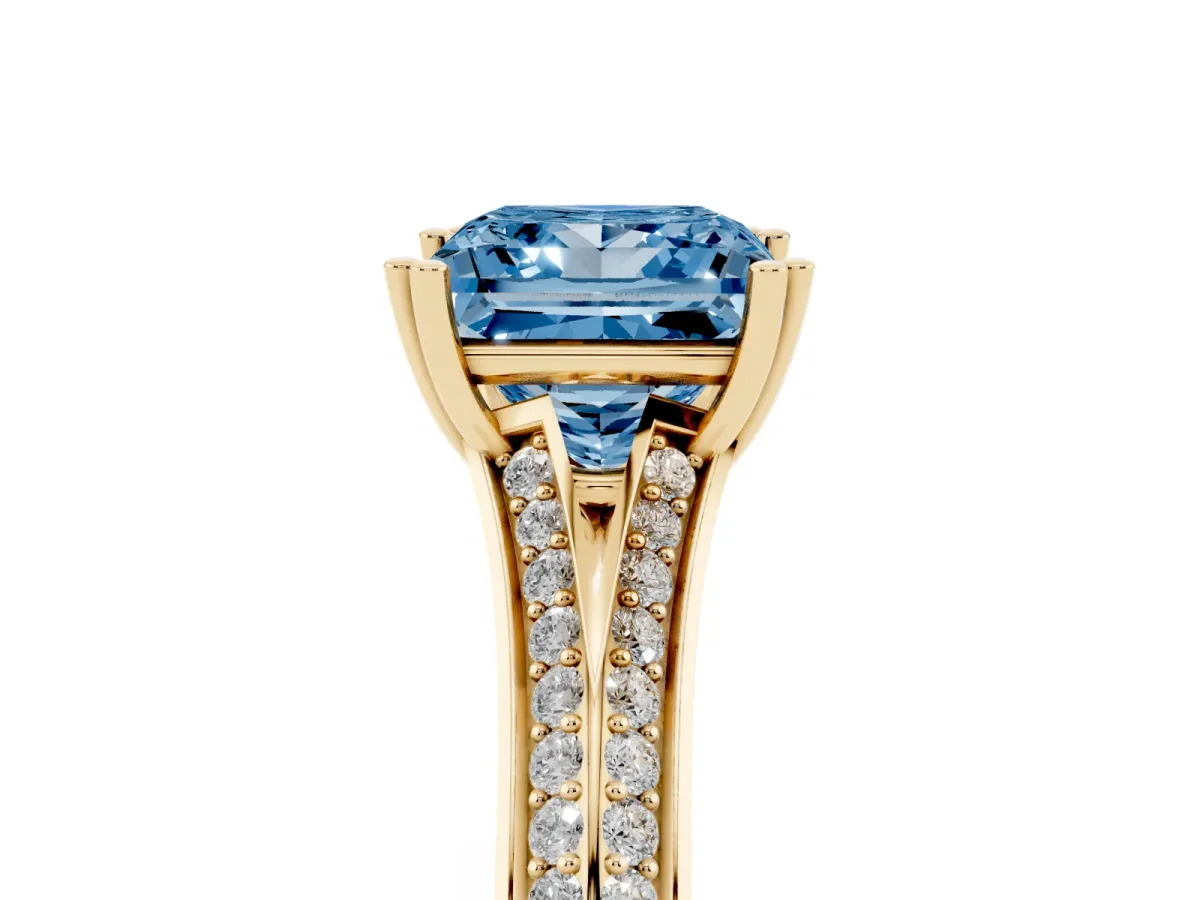Fancy Blue Princess Cut Diamond Split Shank Engagement Ring with Pavé Band Yellow gold