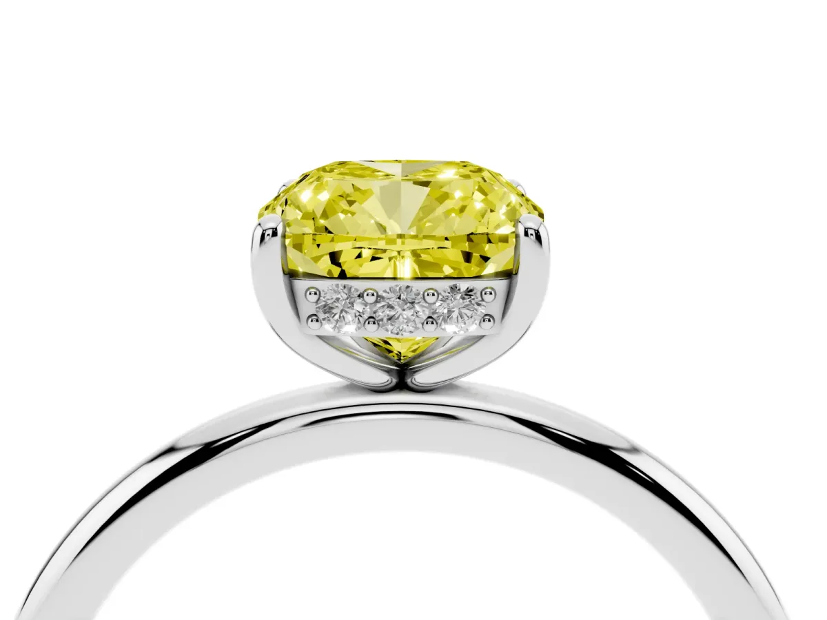 Fancy Yellow Cushion Cut Solitaire Diamond Ring with a Classic Band and Four-Prong Setting Silver
