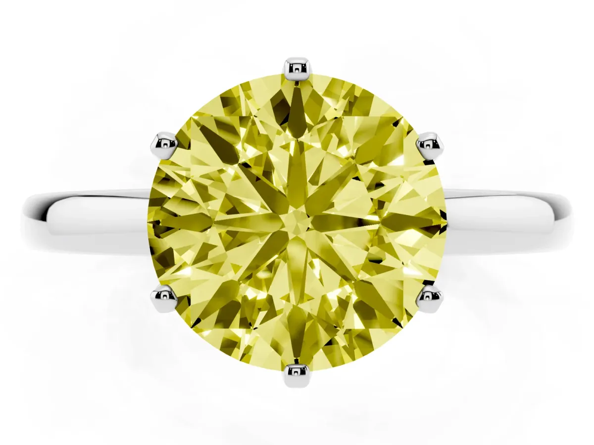 Fancy Yellow Round Cut Solitaire Diamond Ring with Six-Prong Setting on a Classic Band Silver