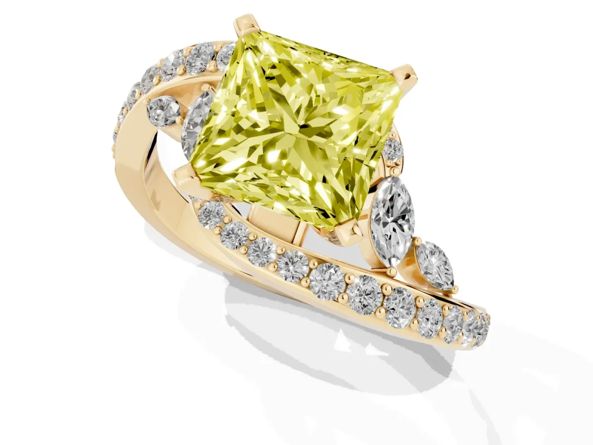 Fancy Yellow Princess Cut Solitaire with Pavé Twist Band and Four-Prong Setting Yellow gold