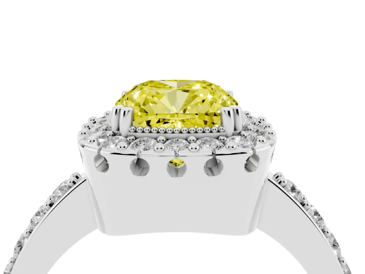 Fancy Yellow Cushion Cut Diamond Halo Ring with Pavé Band and Prong Setting Silver