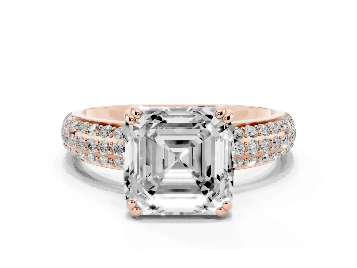 Asscher Cut Diamond Solitaire Ring with Multi-Row Round Pavé Band and Prong Setting Rose gold