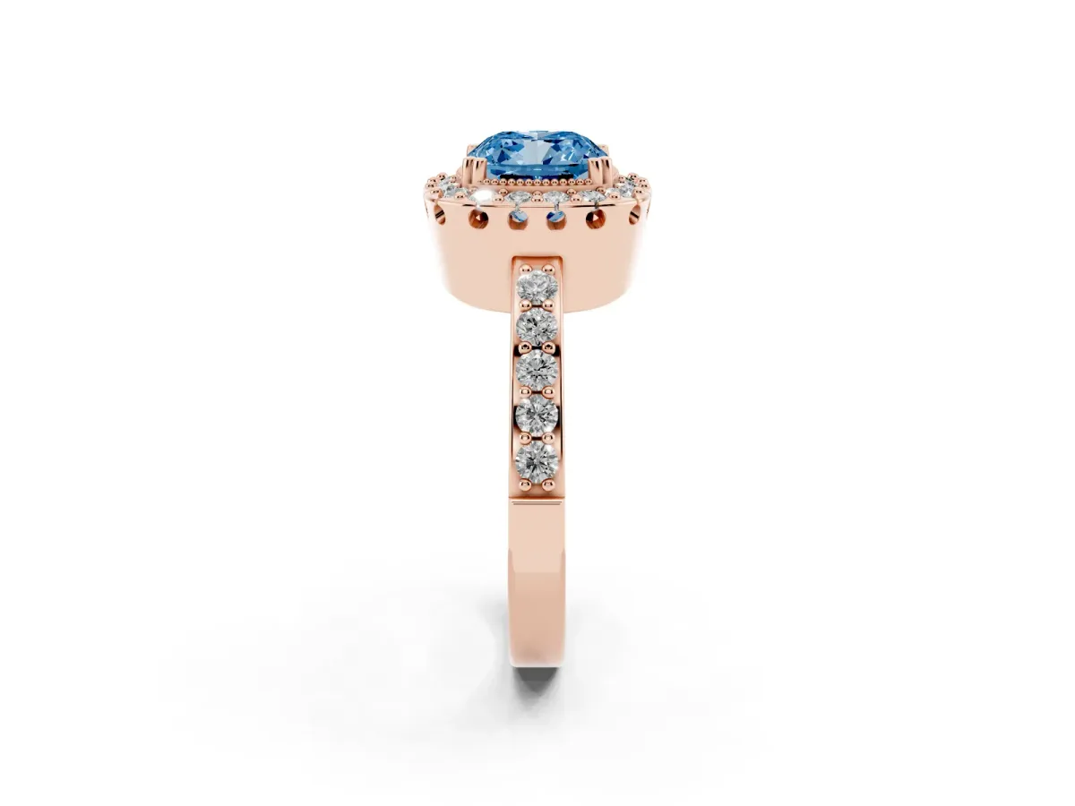Fancy Blue Cushion Cut Diamond Halo Ring with Pavé Band and Prong Setting Rose gold