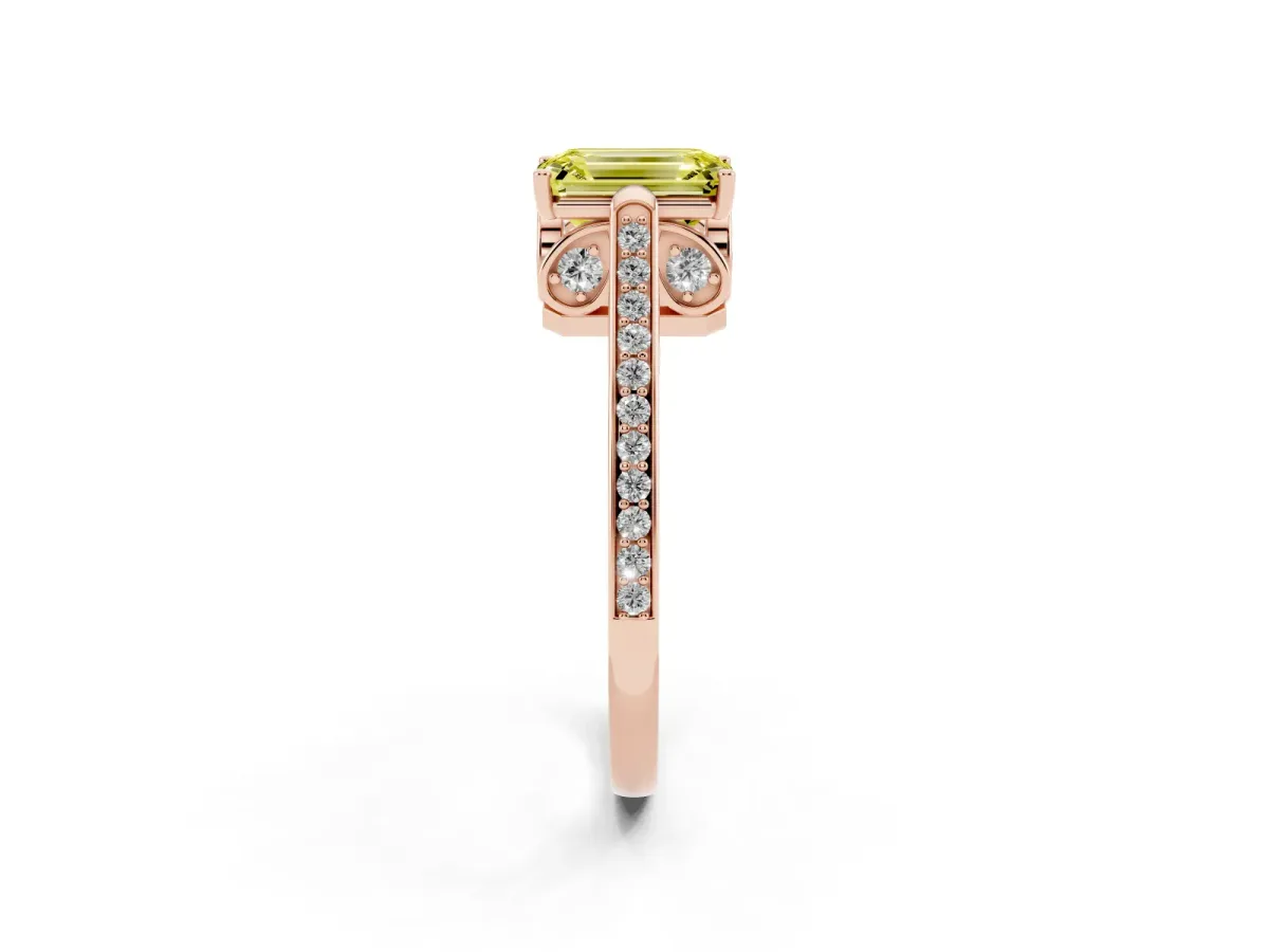 Fancy Yellow Emerald Cut Cut Cathedral Pave Diamond Engagement Ring with Six-Prong Setting Rose gold
