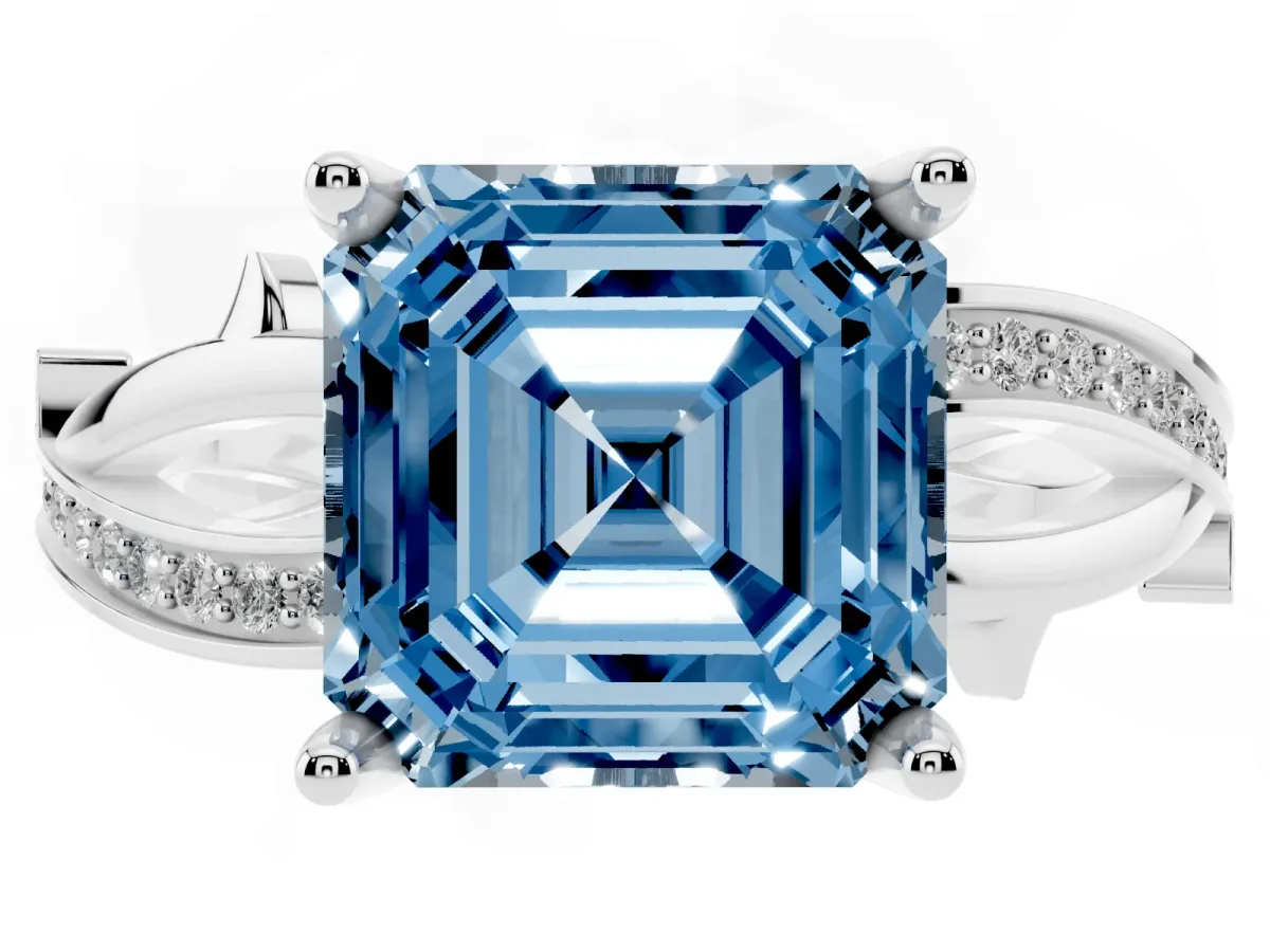 Fancy Blue Asscher Cut Solitaire Twist Band with Pavé Accents and Four-Prong Setting White gold