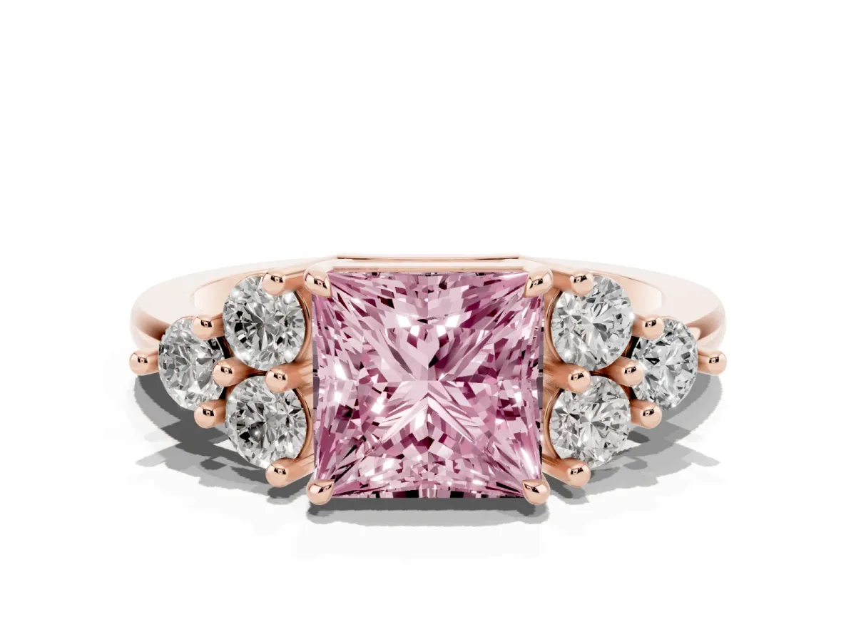 Fancy Pink Princess Cut Brilliant Diamond Cluster Accent Solitaire Ring with Prong Setting Rose gold