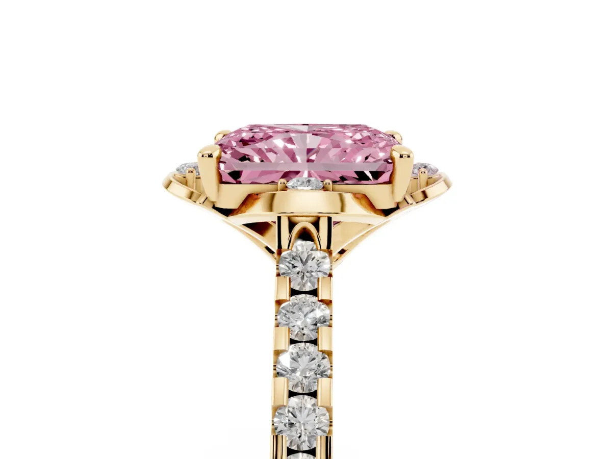 Fancy Pink Radiant Cut Diamond Ring with Pavé Band and Floral Prong Setting Yellow gold
