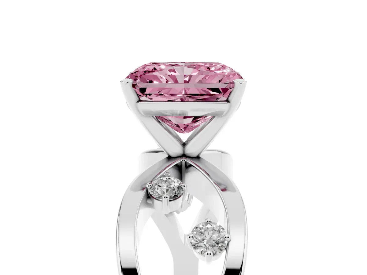 Fancy Pink Radiant Cut Cut Solitaire Diamond with Side Stones on Criss-Cross Band and Four-Prong Setting Platinum