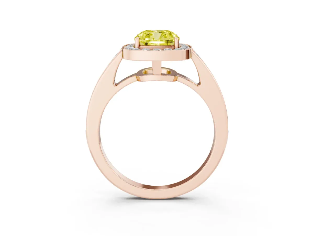 Fancy Yellow Cushion Cut Halo Pavé Diamond Engagement Ring with Bezel Setting Rose gold