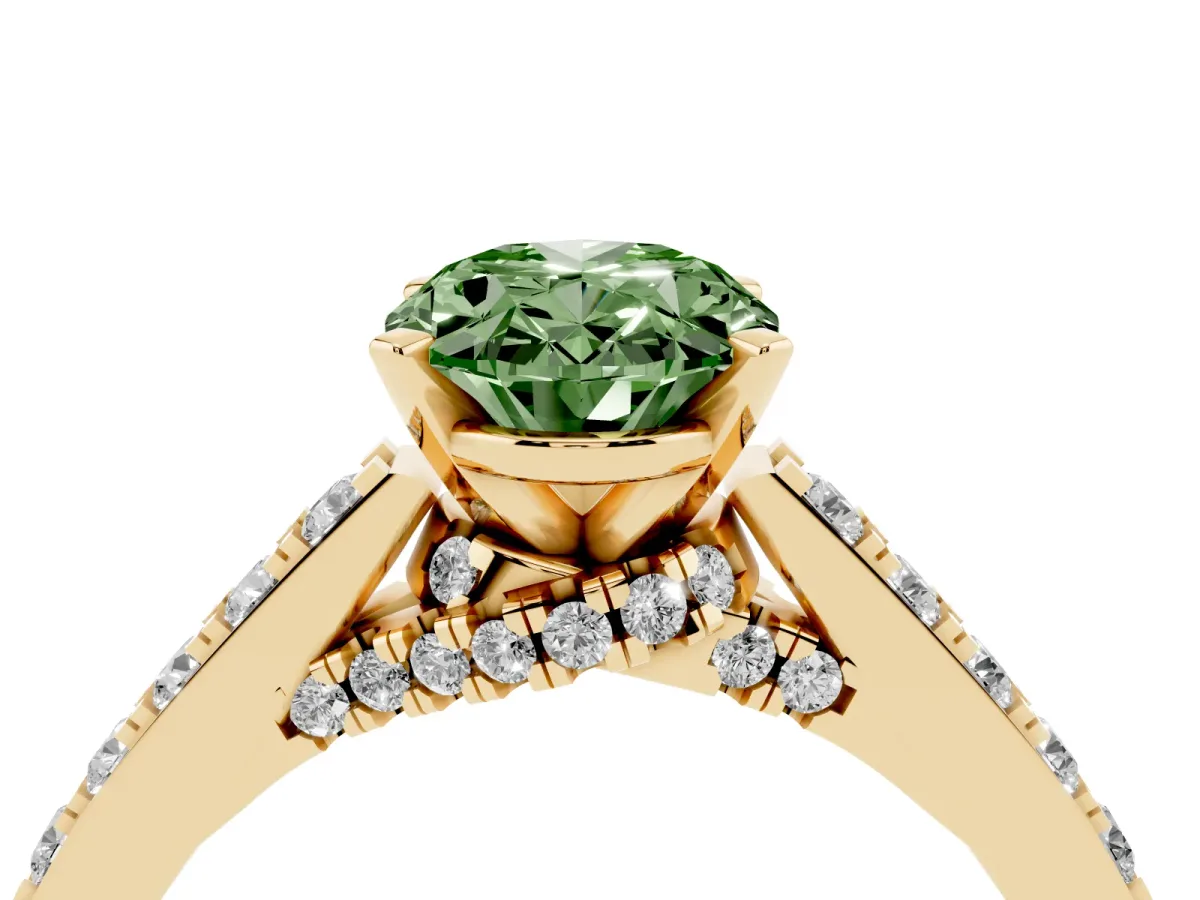 Fancy Green Oval Cut Diamond Solitaire Ring with Crossover Gallery and Round Pavé Band Yellow gold