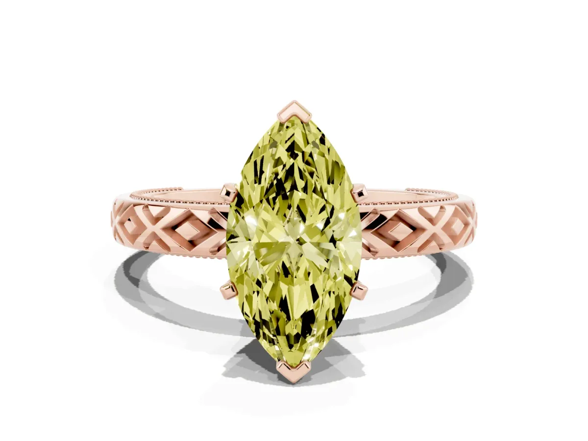 Fancy Yellow Marquise Cut Solitaire Diamond Ring with Milgrain and Black Enamel X Pattern Band Rose gold
