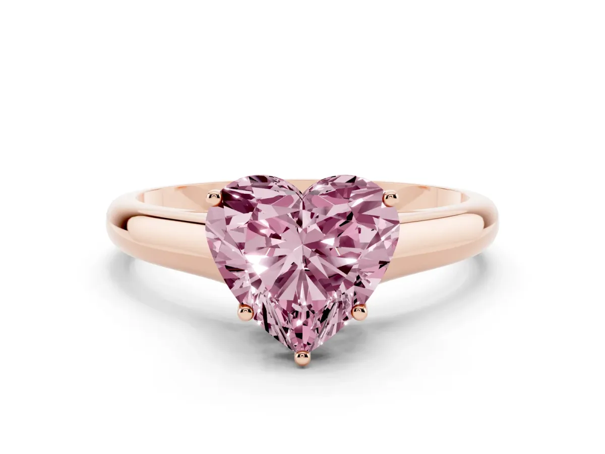 Fancy Pink Heart Cut Cut Diamond Solitaire Engagement Ring with Tapered Plain Band and Four-Prong Setting Rose gold