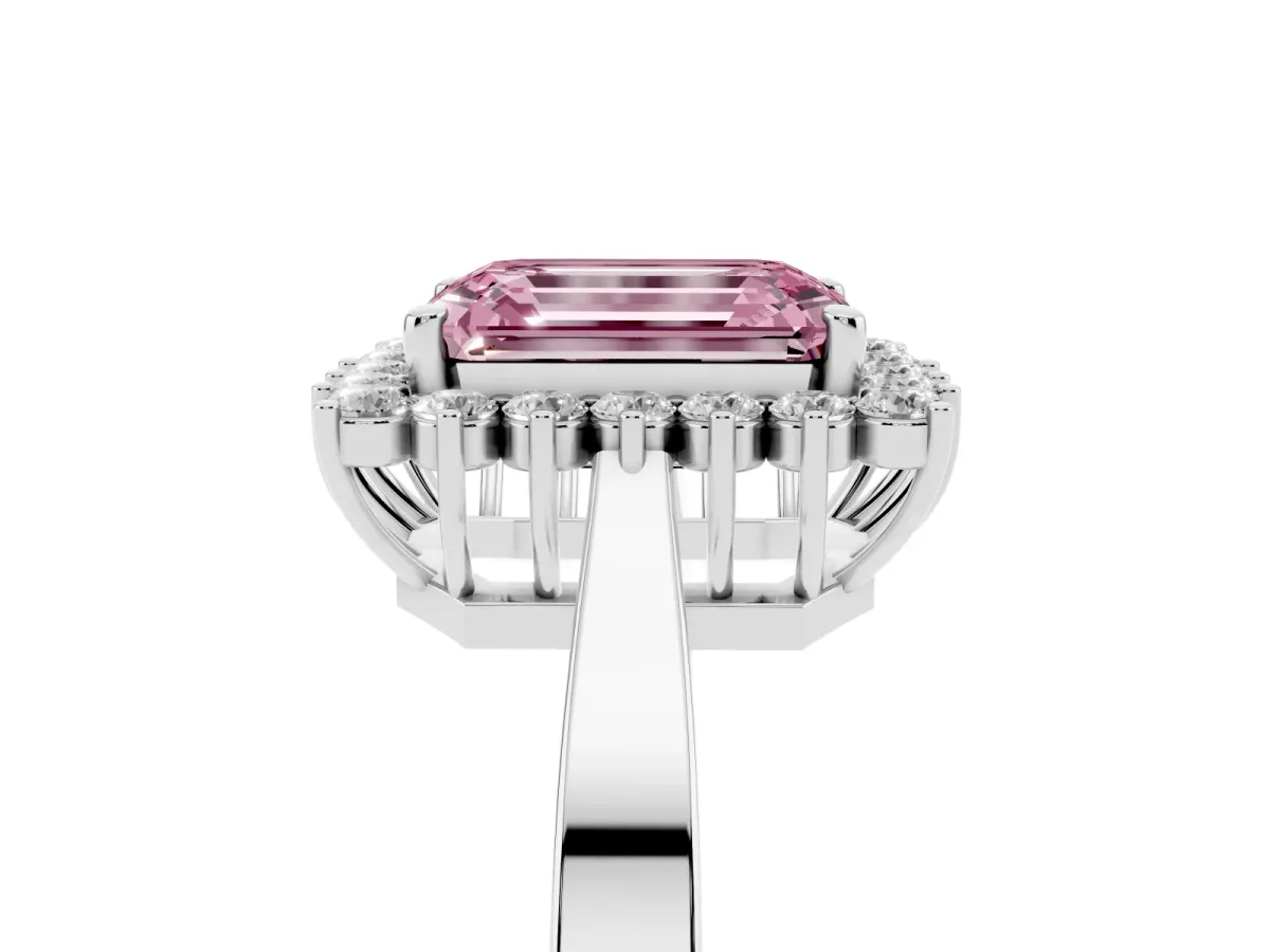 Fancy Pink Emerald Cut Cut Diamond Halo Ring with Round Brilliant Halo and Solitaire Band Platinum