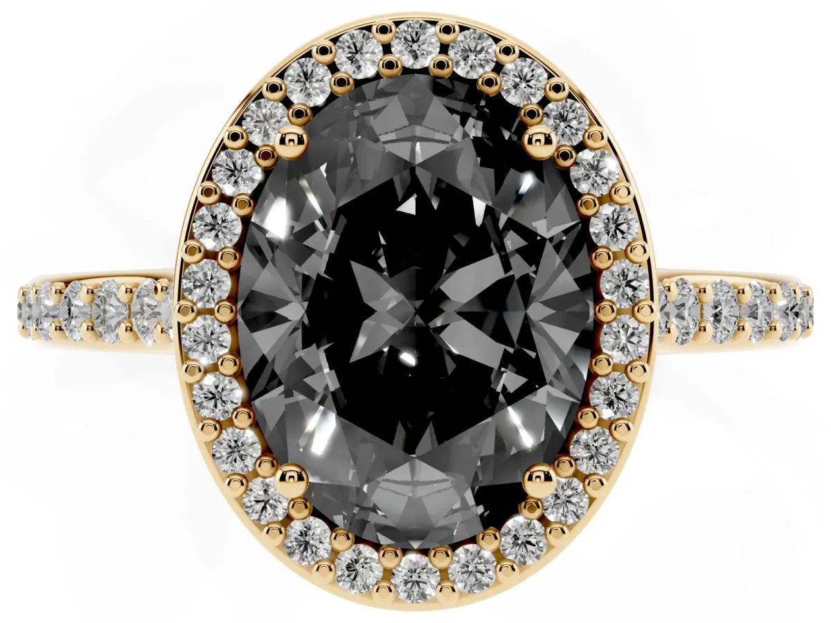 Fancy Black Oval Cut Diamond Halo Engagement Ring with Round Pavé Shoulders and Prong Setting Yellow gold