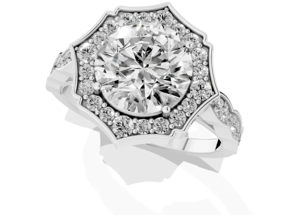 Round Cut Halo Diamond Engagement Ring with Milgrain Band and Four-Prong Setting Silver