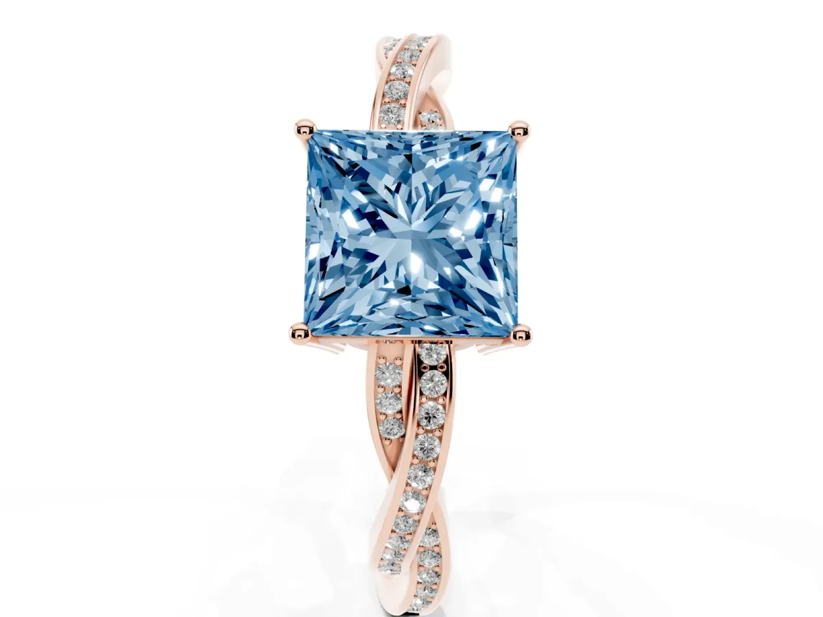 Fancy Blue Princess Cut Solitaire Twisted Pave Diamond Ring with Four-Prong Setting Rose gold