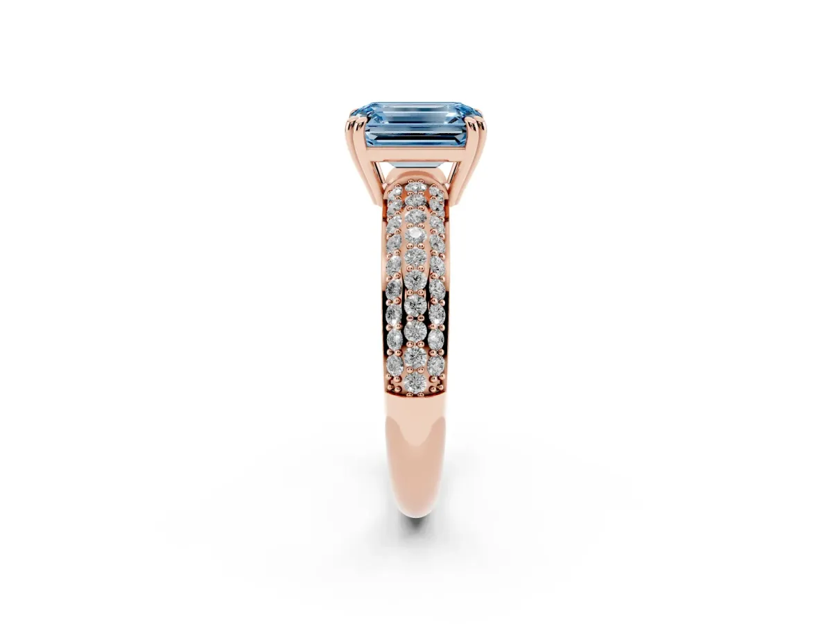 Fancy Blue Emerald Cut Diamond Solitaire Ring with Multi-Row Round Pavé Band and Prong Setting Rose gold