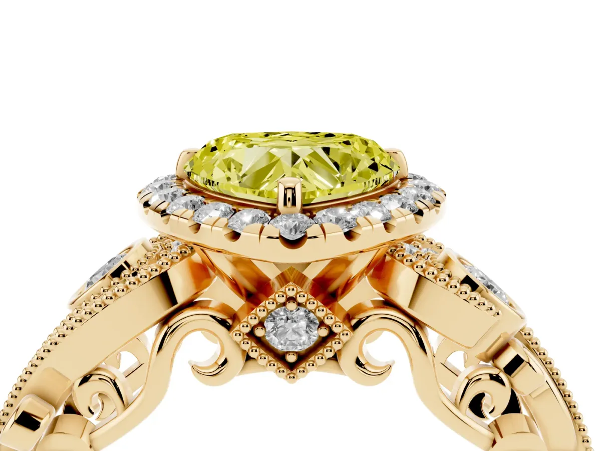 Fancy Yellow Heart Cut Halo Diamond Ring with Milgrain and Bezel Accents on a Split Shank Band Yellow gold