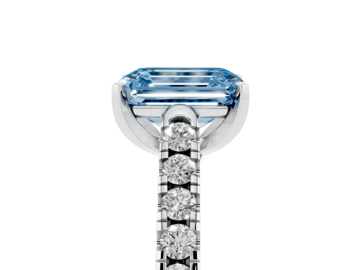 Fancy Blue Emerald Cut Diamond Pavé Band Solitaire Ring with Prong Setting Silver