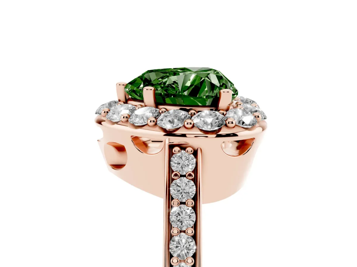 Fancy Green Heart Cut Diamond Floral Halo Ring with Pavé Band and Prong Setting Rose gold