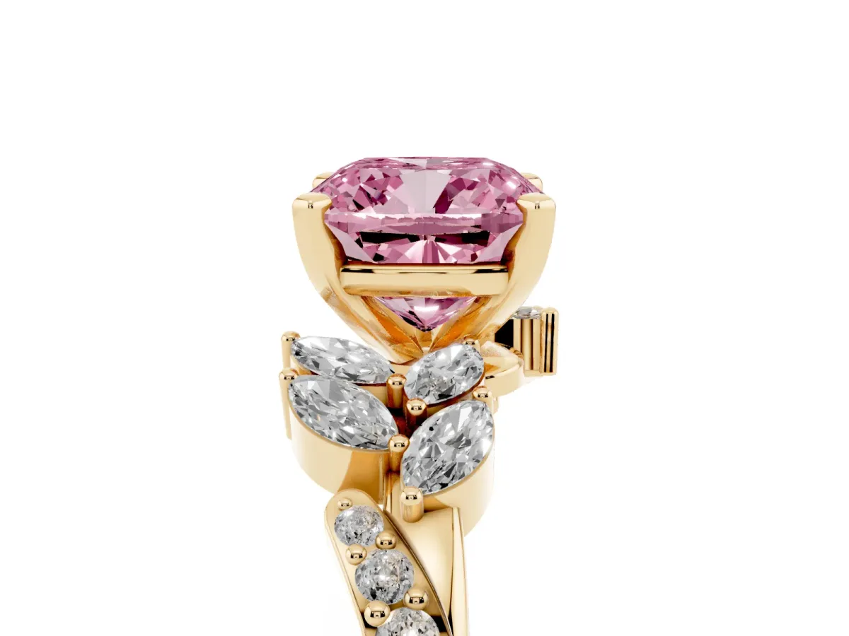 Fancy Pink Cushion Cut Solitaire Marquise Twist Band with Six-Prong Setting Yellow gold