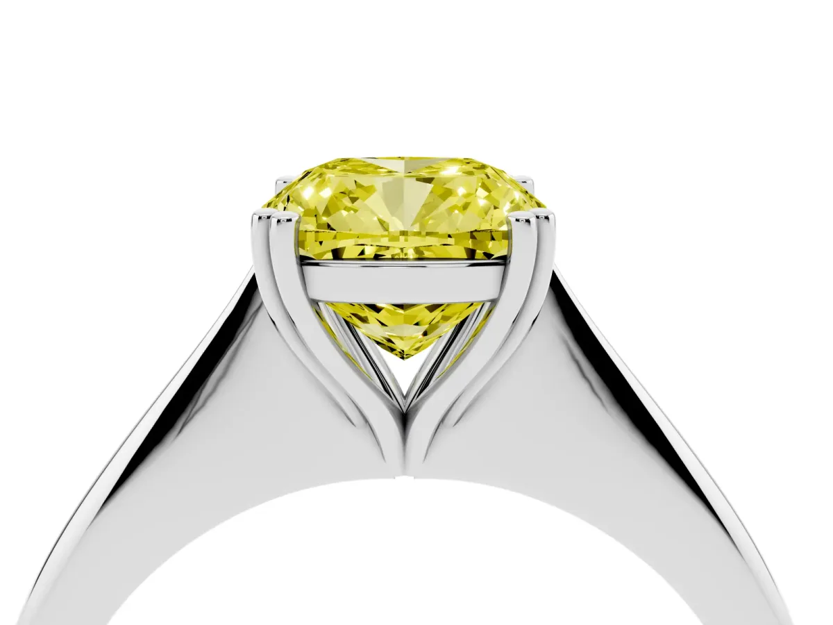 Fancy Yellow Cushion Cut Solitaire Diamond Ring with Six-Prong Setting and Classic Band Silver