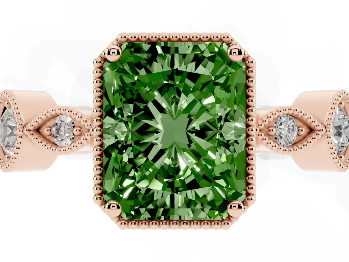 Fancy Green Radiant Cut Diamond Vintage Milgrain Ring with Round Stations Rose gold