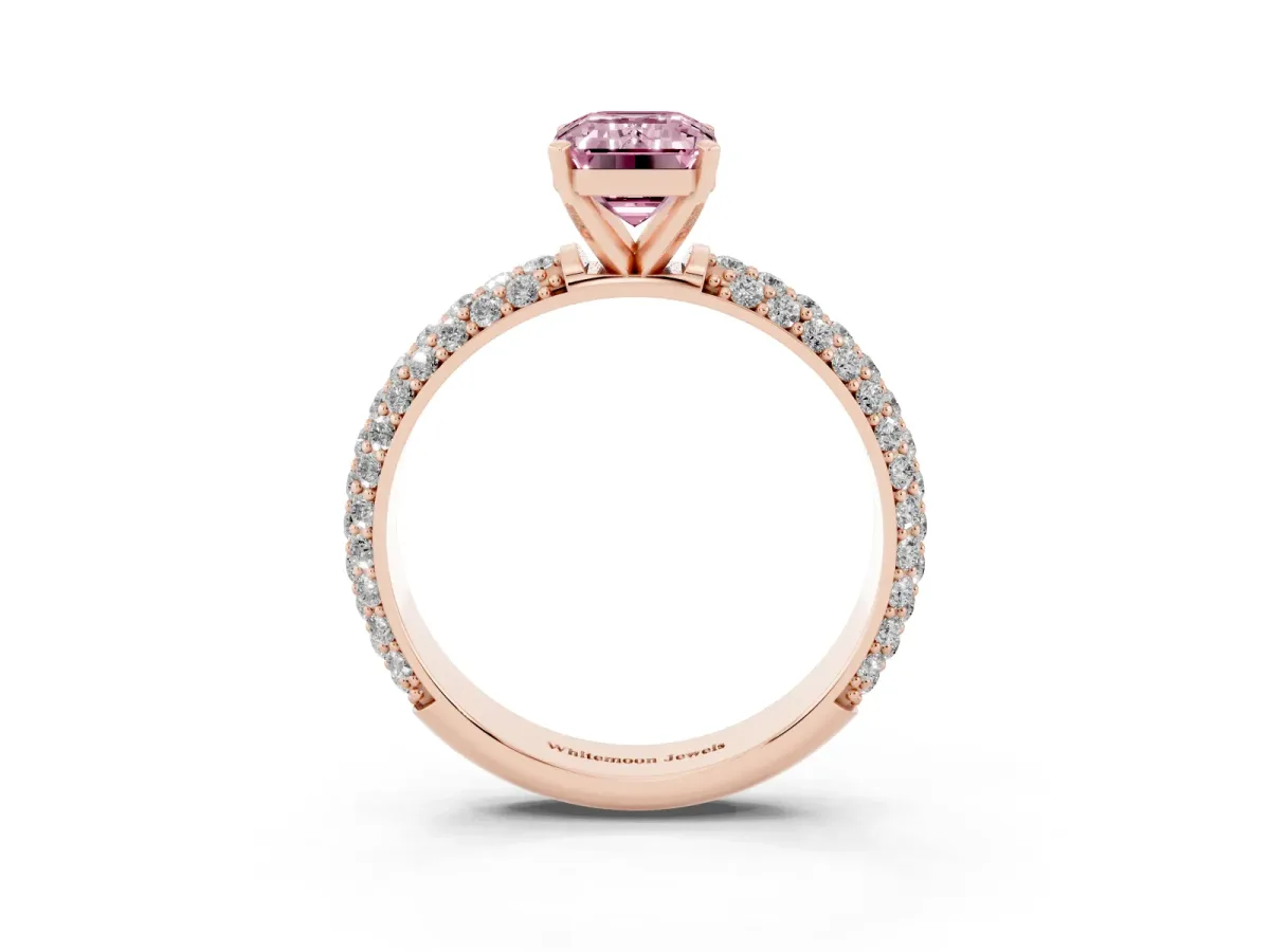 Fancy Pink Emerald Cut Diamond Solitaire Ring with Prong Setting and Pavé Band Rose gold