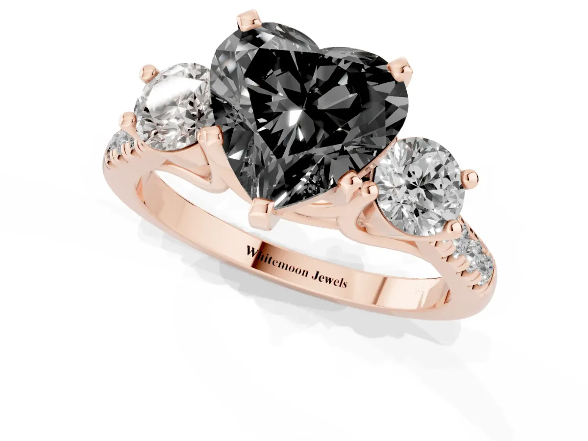 Fancy Black Three-Stone Heart Cut Diamond Pavé Band with Four-Prong Setting Rose gold
