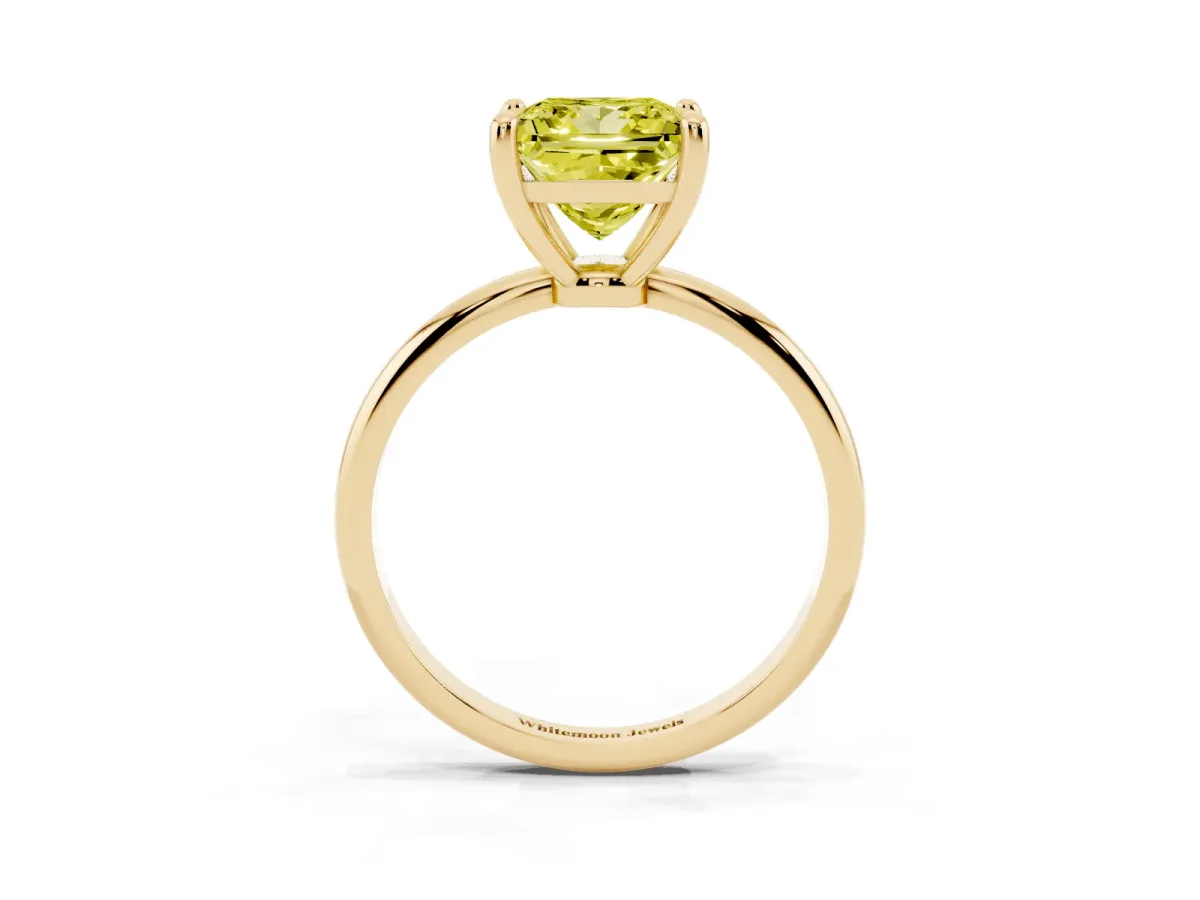Fancy Yellow Princess Cut Solitaire Diamond Ring with 4-Prong Setting on a Classic Band Yellow gold