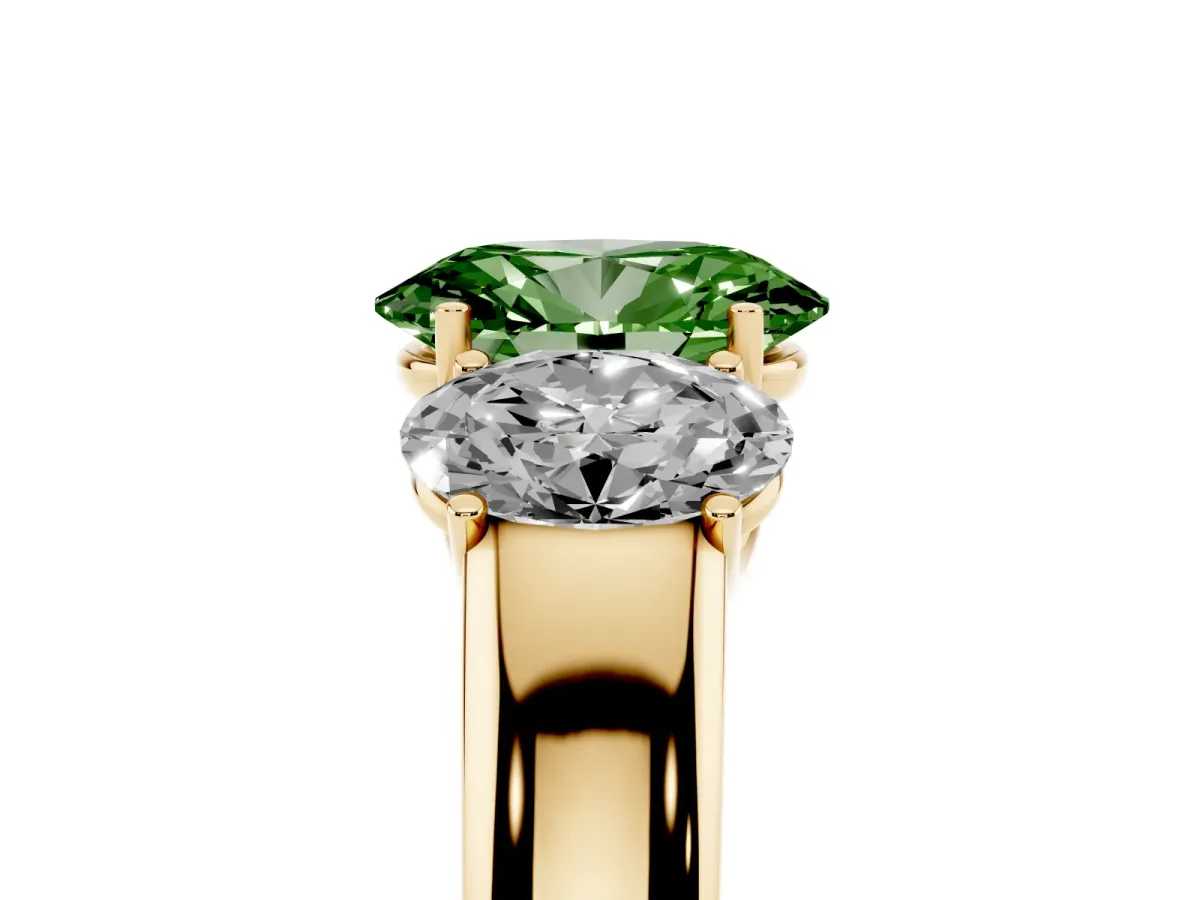 Fancy Green Three-Stone Oval Cut Cut Diamond Ring with Prong Setting and Classic Band Yellow gold